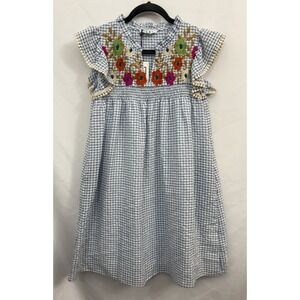 THML Blue and White Gingham Mini Dress with Multicolor Floral Embroidery
